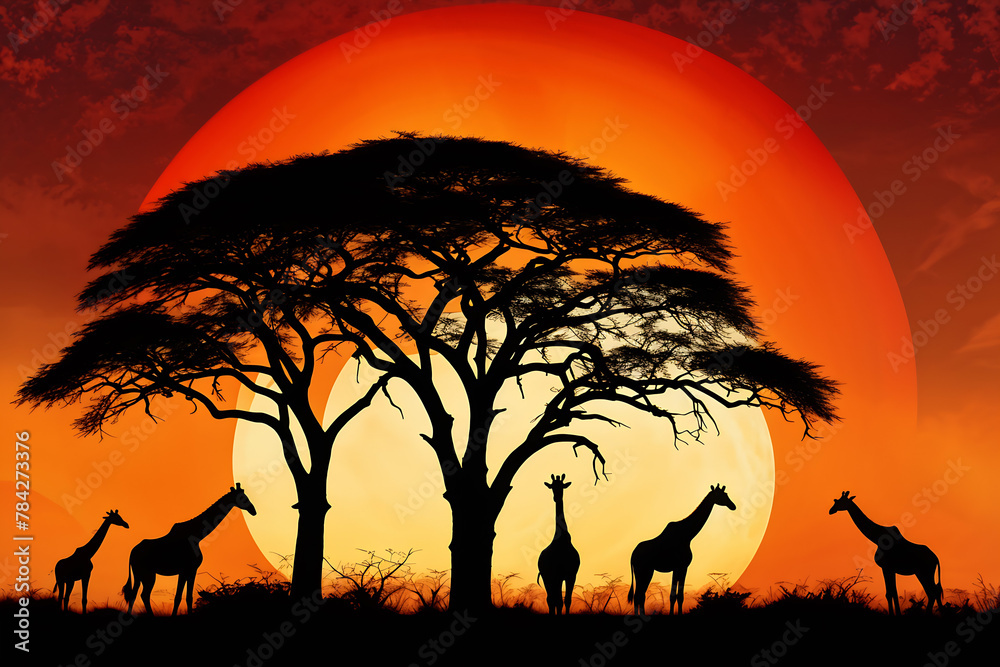 three giraffes on an African grassland. Generative AI