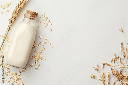 Top view of a milk bottle and oats kept on a clean white backdrop and big space for text or product advertisement, Generative AI.
