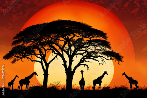 three giraffes on an African grassland. Generative AI