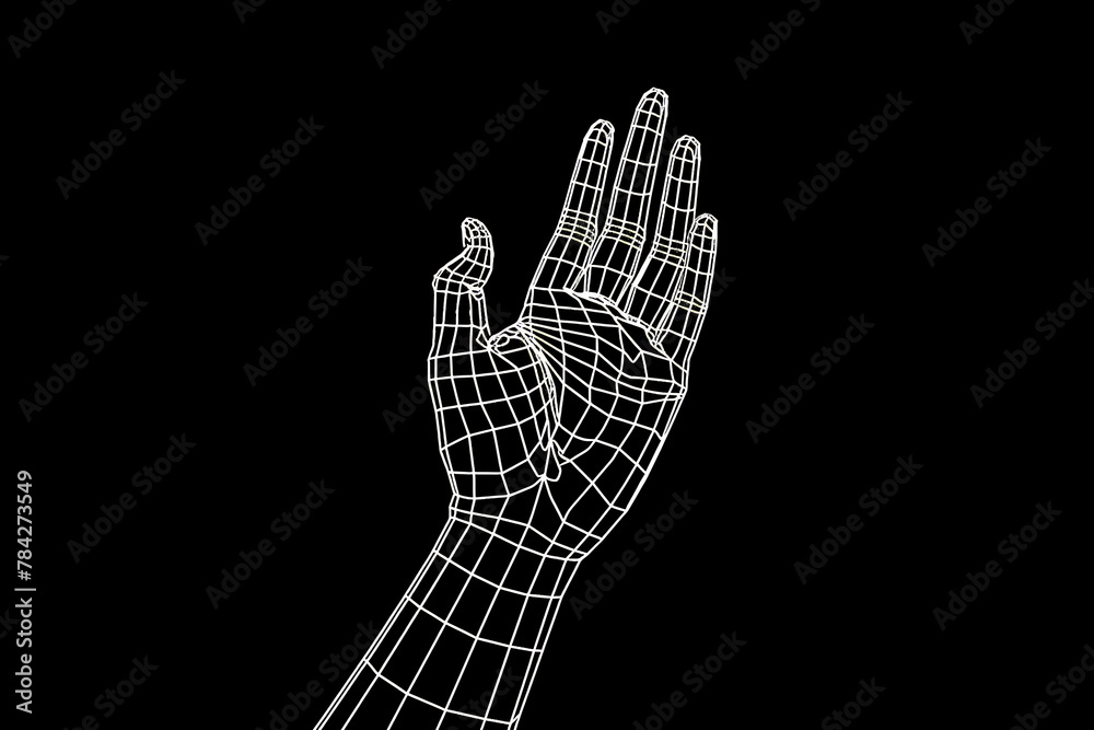 Projection image of hand on black background, which consists of white lines
