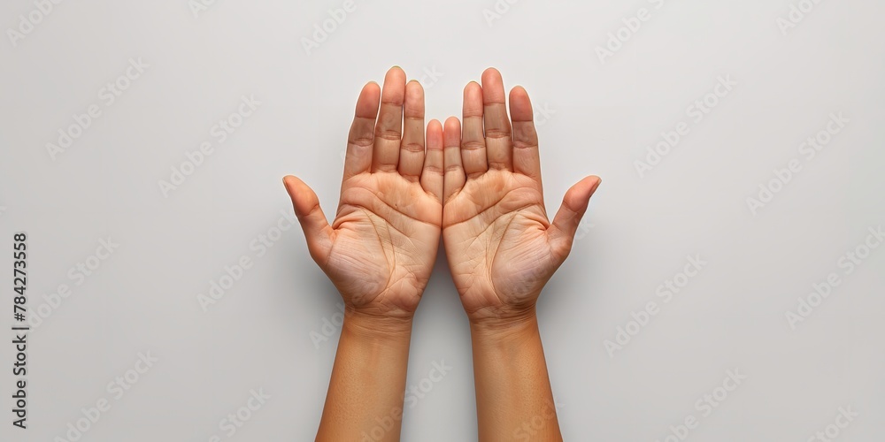 Top view of cupped open hands on clean studio white backdrop with a big space for text or product advertisement, Generative AI. - obrazy, fototapety, plakaty 