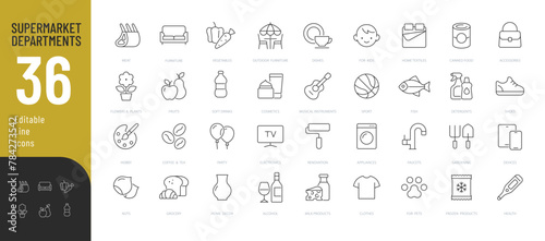 Supermarket Departments Line Editable Icons set. Vector illustration in modern thin line style of product categories icons: food, household goods, cosmetics, sports and health, and more. 