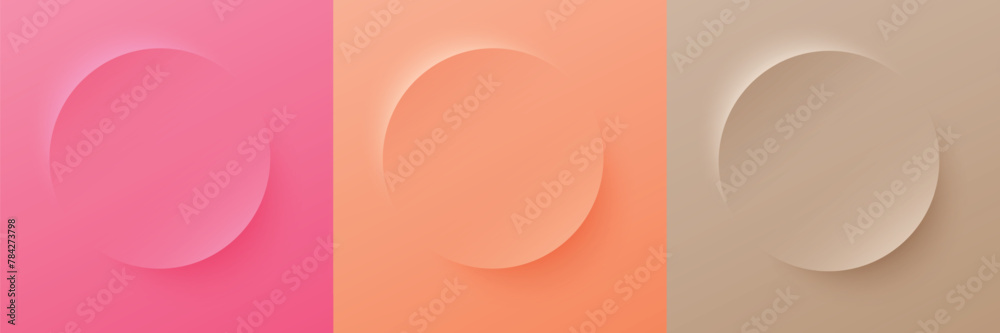  Set of abstract 3d beige, different color circle frame design for cosmetic product. Collection of trendy color geometric background with copy space. Top view scene. Vector EPS10