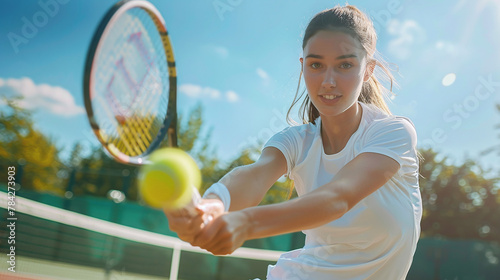 Young athletic woman tennis player hitting the ball with a racket on the tennis court © Ruslan