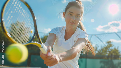 Young athletic woman tennis player hitting the ball with a racket on the tennis court