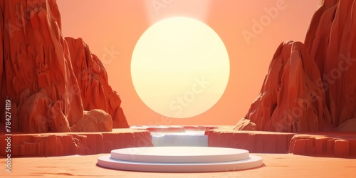 a podium in the middle of a desert with mountains in the background and a large sun in the background