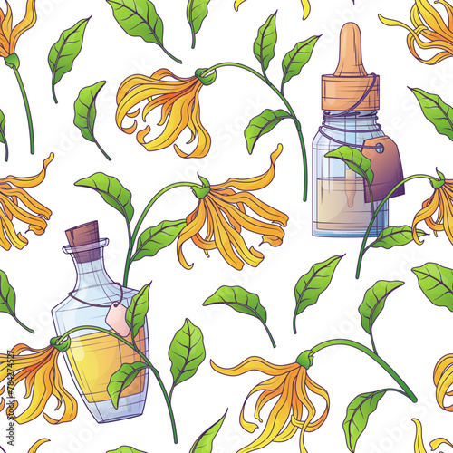 Vector seamless pattern with illustration of ylang ylang flowers, glass bottles. Essential oil background. For fabric design, textile, wrapping paper decoration. Cosmetics, perfumery and aromatherapy.