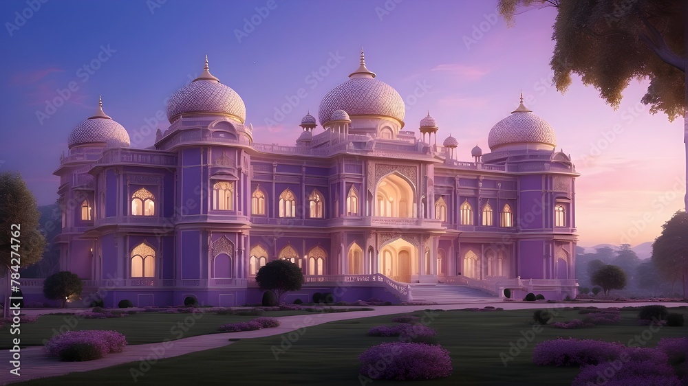 {A photorealistic image depicting an ethereal saffron palace illuminated under a twilight sky. The palace is intricately designed with ornate architecture, featuring domes, arches, and intricate patte