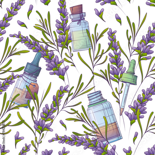 Vector seamless pattern with illustration of lavender essential oil. Glass bottle, dropper. For fabric design, textile, wrapping paper decoration. Cosmetics, perfumery and aromatherapy.