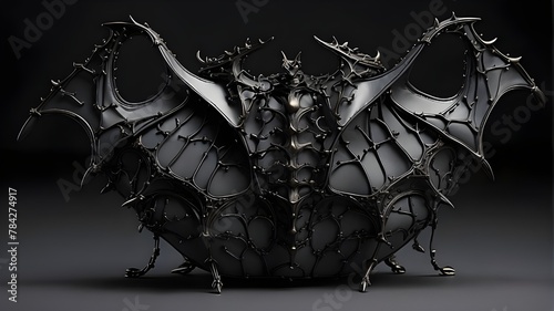 {A photorealistic image of a gothic-inspired bat-shaped purse, meticulously designed with intricate details and edgy spike embellishments. The purse should be depicted in a realistic style, highlighti photo