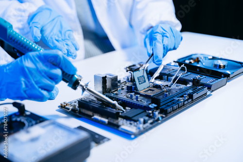 The technician is putting the CPU on the socket of the computer motherboard. electronic engineering electronic repair, electronics measuring.