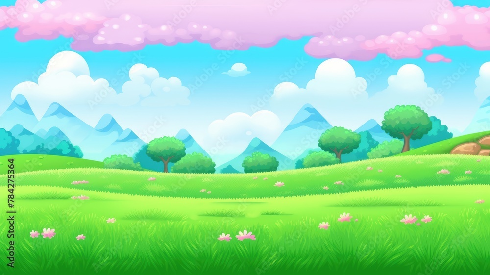 Vibrant cartoon landscape with green hills, colorful flowers, and fluffy clouds