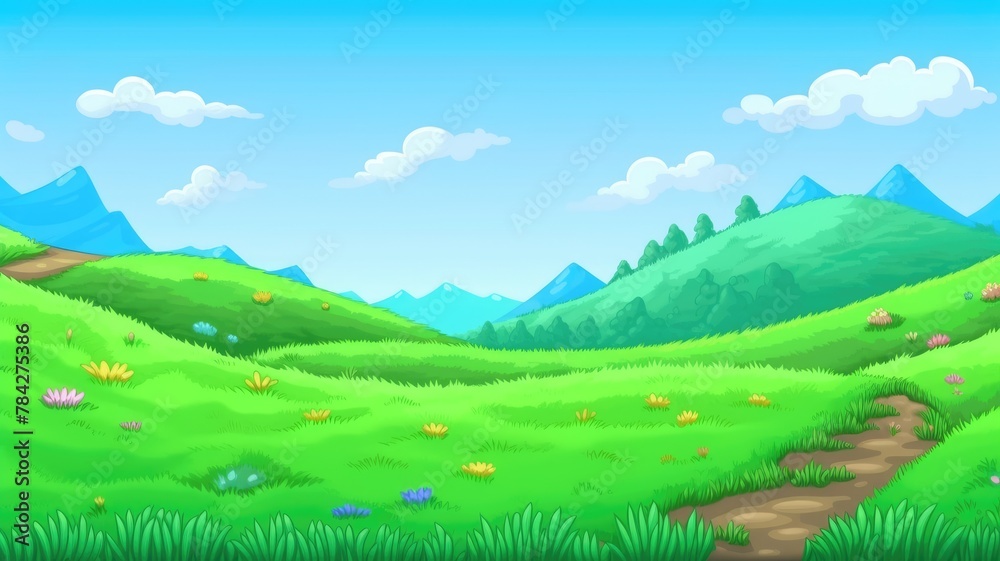 Vibrant cartoon landscape with green hills, colorful flowers, and fluffy clouds