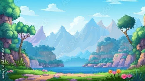 cartoon landscape with a lush green path leading to distant mountains under a clear sky