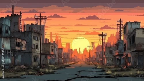 Abandoned Urban Landscape: A Cartoon Illustration of Desolation and Decay