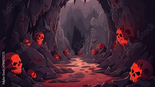 Spooky Cave Pathway: Eerie Skulls Landscape Illustration