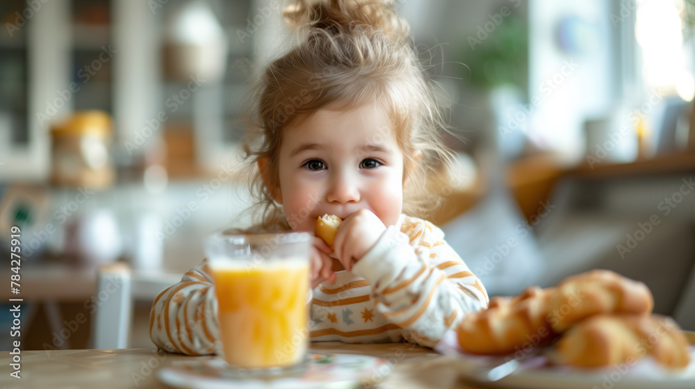 Happy little girl enjoying breakfast with orange juice and pastries at home.