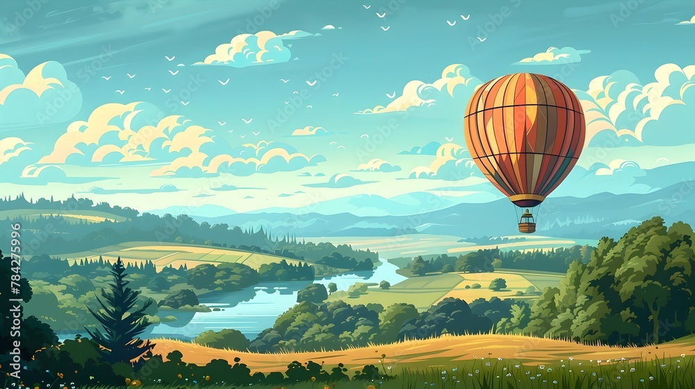 Obraz premium Tranquil Vanilla Island Hot Air Balloon Ride: A Peaceful Aerial Journey over Lush Vanilla Bean Fields and Rivers