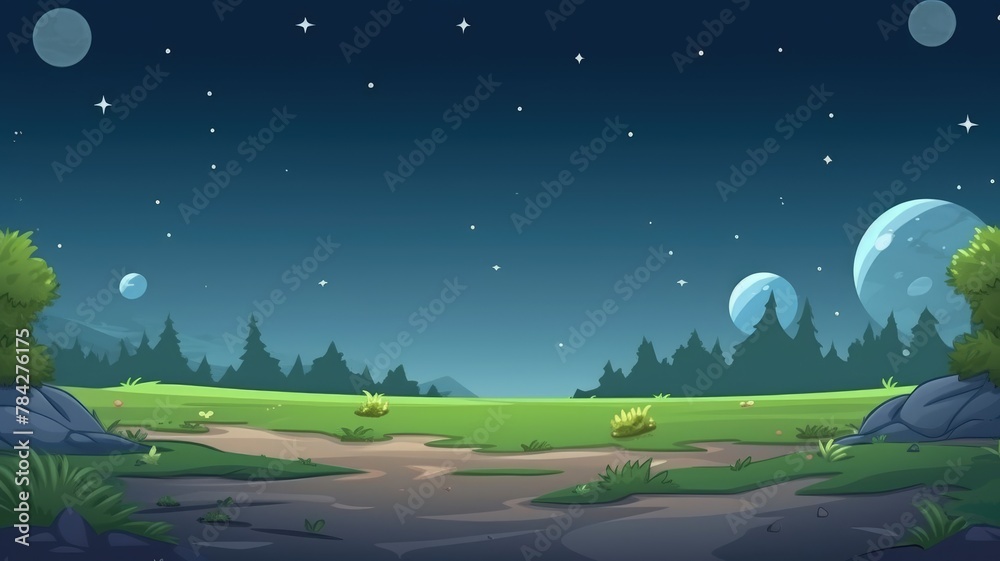 Enchanting Nighttime Landscape: Cartoon Nature Background with Starry Sky