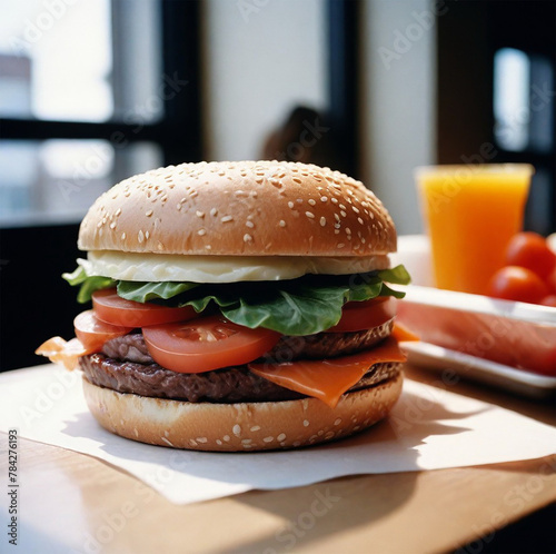 hamburger on a wooden table