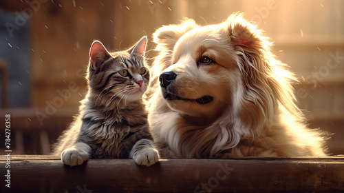 portrait of dog and cat looking at the camera. Lovestory
