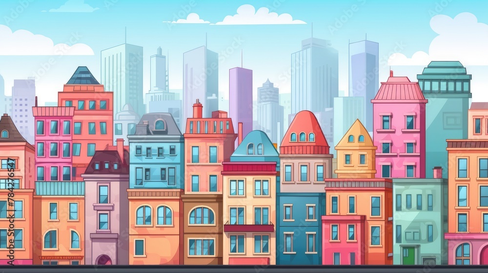 Whimsical Urban Panorama: Colorful Cartoon Cityscape Illustration