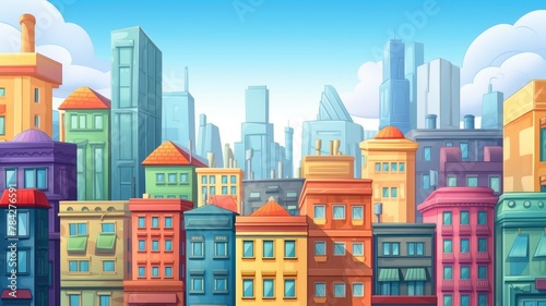 Whimsical Urban Panorama  Colorful Cartoon Cityscape Illustration