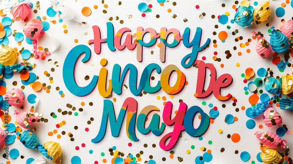 Colorful elegant Cinco De Mayo typography on White Background, Happy Cinco De Mayo, May 5