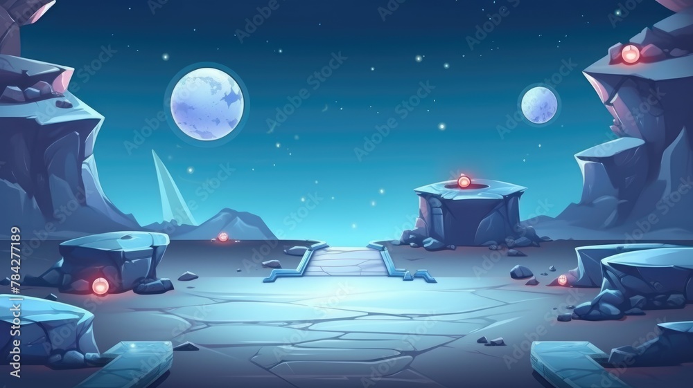Naklejka premium Mystical Space Landscape, Alien Planet with Moons and Stars, Sci-Fi Background