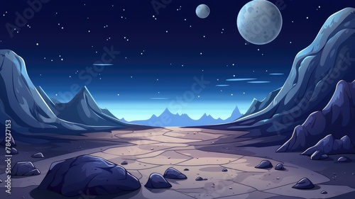 Mystical Alien Landscape, Enigmatic Night Sky with Moons and Stars
