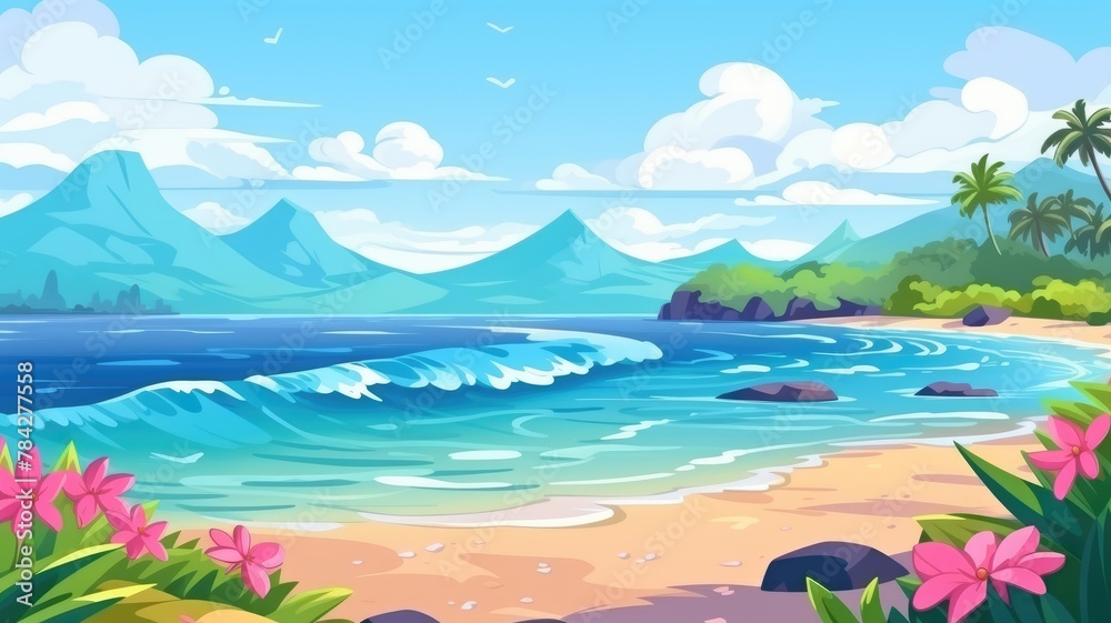 Tropical Paradise: Vibrant Cartoon Beachscape with Waves and Palms