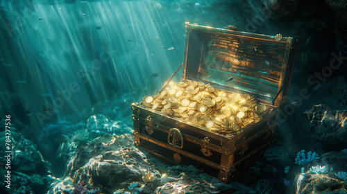 A treasure chest full of gold coins is sitting on the ocean floor. The scene is bright and sunny, with the sunlight reflecting off the water and the gold coins. Scene is one of excitement 