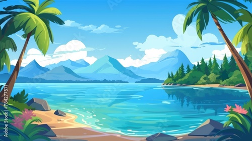 Tropical Paradise  Vibrant Cartoon Beachscape with Waves and Palms