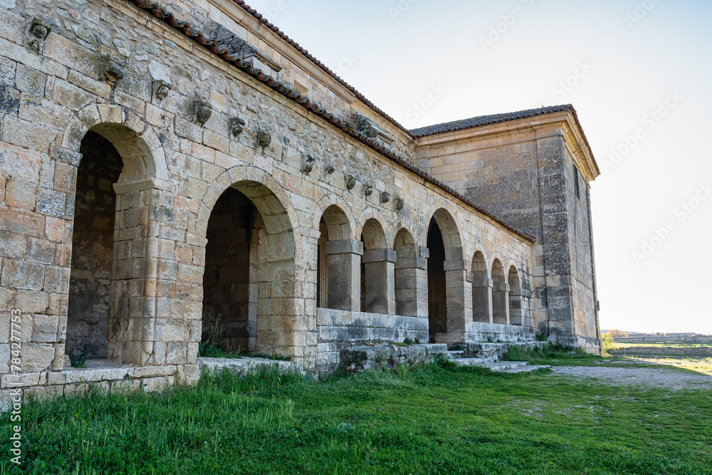 Romanesque-style stone arches in the medieval church of Tamajon, Guadalajara, Spain.