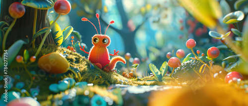 Produce a captivating 3D cartoon of an omnivorous character exploring its surroundings, with room for accompanying text photo
