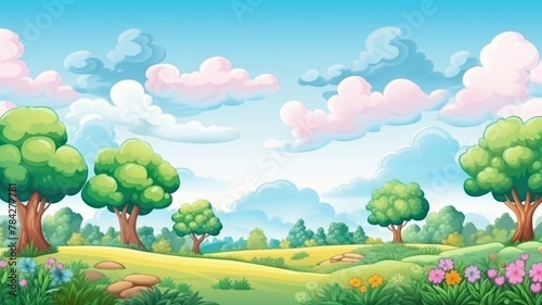Nature Cartoon Landscape  Vibrant Colors  Playful Trees  and Fluffy Clouds