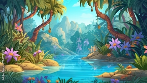 Enchanting Tropical Landscape  Vibrant Nature and Serene Water Reflections