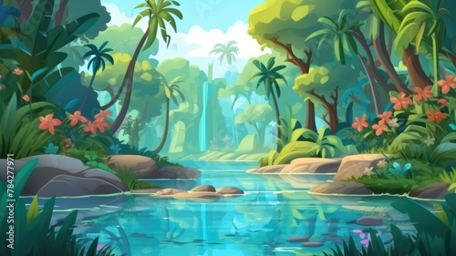 Tropical Paradise: Lush Greenery, Serene Waters, and Exotic Flora Cartoon Background