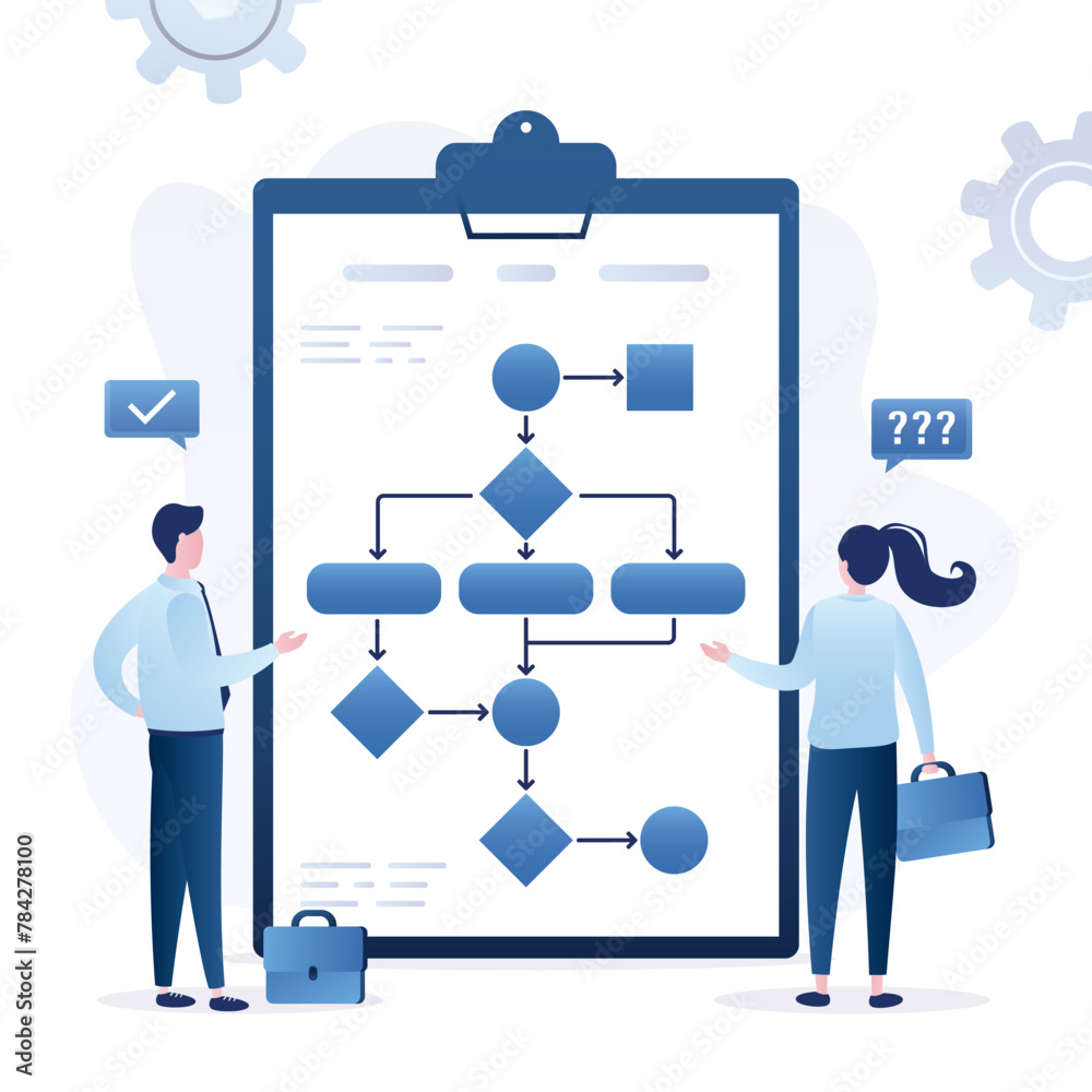 Work algorithm. businesspeople drawing workflow diagram process. Business process or model, flowchart to get result, map or plan for business procedure, solution. - obrazy, fototapety, plakaty 