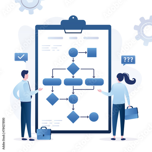 Work algorithm. businesspeople drawing workflow diagram process. Business process or model, flowchart to get result, map or plan for business procedure, solution.