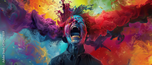 Surreal comic portrait in midscream, splattered by rainbow hues, energy unleashed, 3d render photo