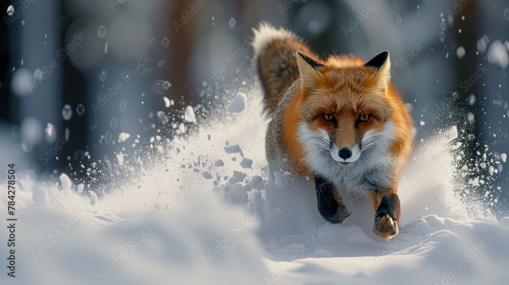 A fox is running through the snow, leaving a trail of paw prints behind it. Concept of freedom and playfulness. a red fox gracefully moving through the powdery snow in a forest.