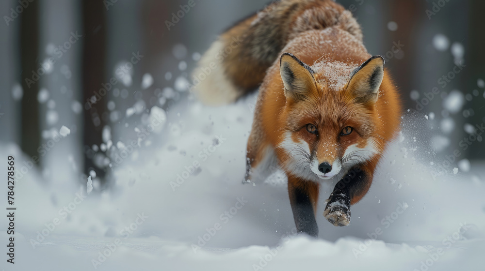 A fox is running through the snow, leaving a trail of paw prints behind it. Concept of freedom and playfulness. a red fox gracefully moving through the powdery snow in a forest.