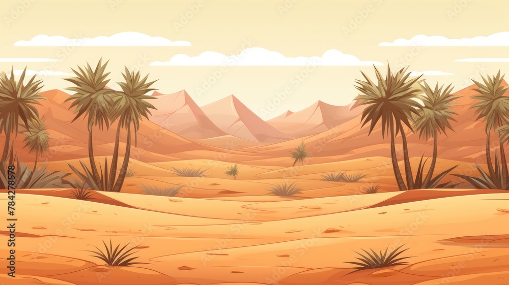 Sunny Desert Oasis with Palm Trees - Vibrant Cartoon Landscape