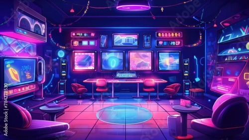 Futuristic Living Room with Neon Lights - Modern Interior Cartoon Illustration