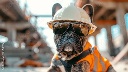 A dog wearing a hard hat and sunglasses is posing for a photo. The dog is wearing an orange vest and he is a construction worker