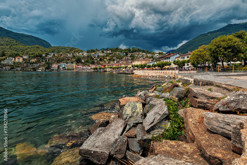 Lake Maggiore and small town of Ascona in Switzerland.