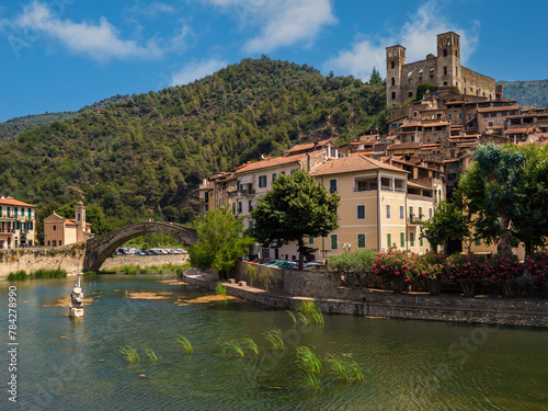 View of Dolceacqua and small river in Liguria, Italy.