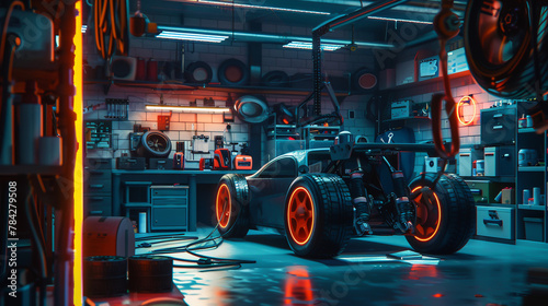 An innovative garage scene where mechanics use a hitech detector to diagnose and repair sentient car tires, which communicate their conditions and emotions