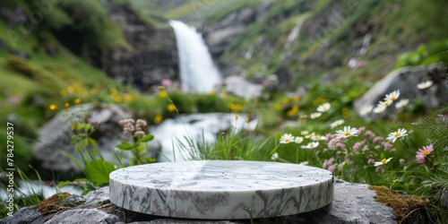 Marble podium by waterfall in mountainous natural landscape